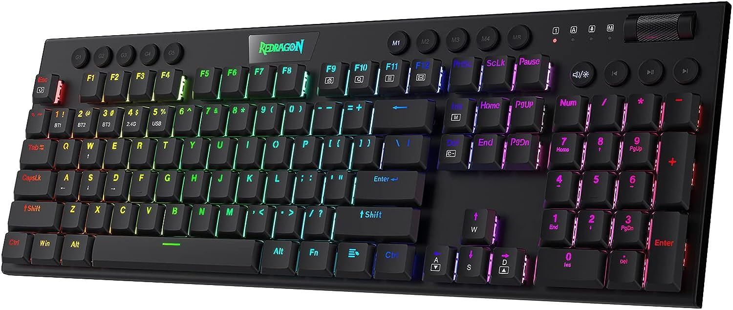 Redragon K618 Horus Wireless RGB Mechanical Keyboard, Bluetooth/2.4Ghz/Wired Tri-Mode Ultra-Thin Low Profile Gaming Keyboard w/No-Lag Cordless Connection, Dedicated Media Control & Linear Red Switch Redragon K618 Horus Wireless RGB Mechanical Keyboard, Bluetooth/2.4Ghz/Wired Tri-Mode Ultra-Thin Low Profile Gaming Keyboard w/No-Lag Cordless Connection, Dedicated Media Control & Linear Red Switch